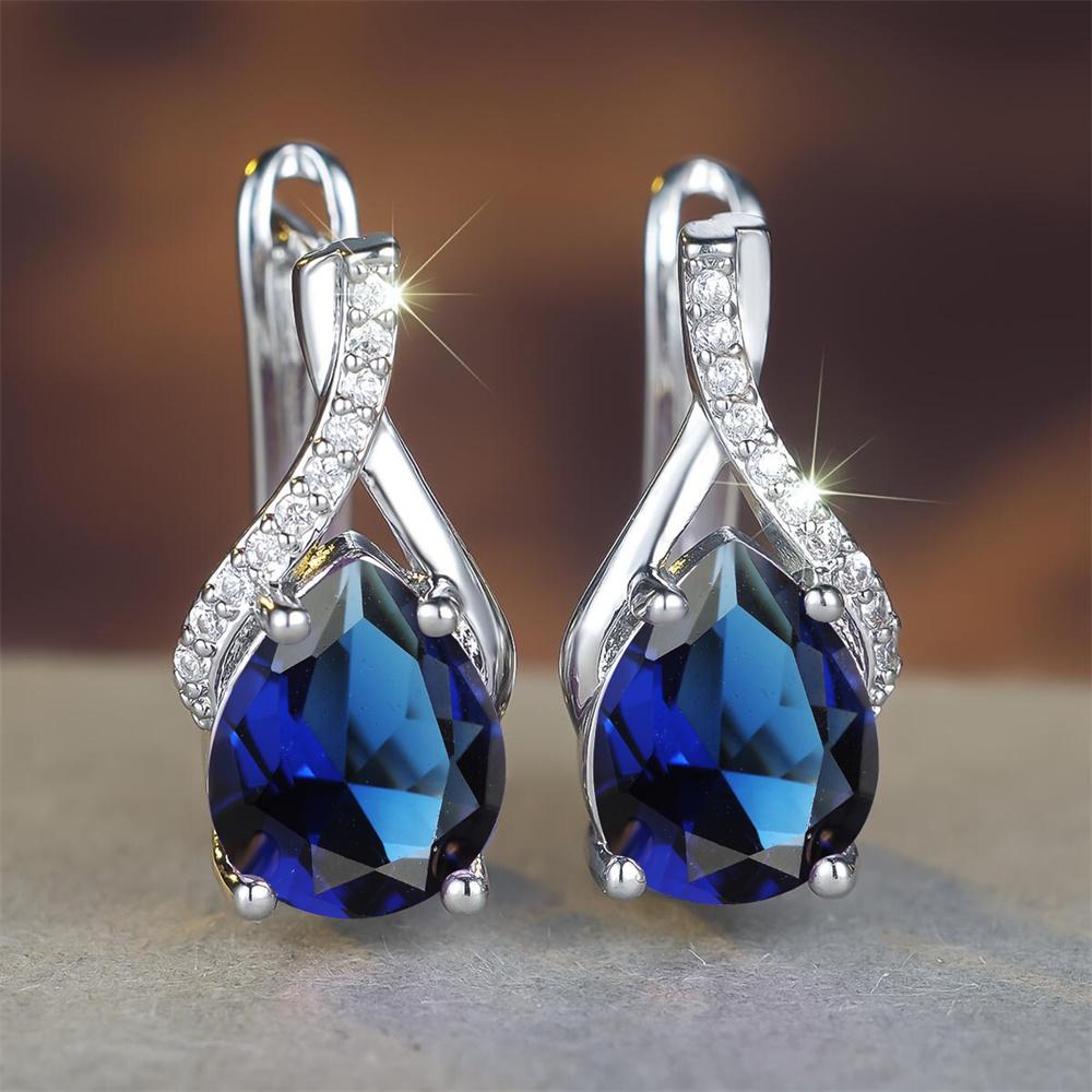 Purple Zircon Big Water Drop Stone Hoop Earrings For Women Vintage Silver Color Ear Buckle Wedding Jewelry Valentine's Day Gifts
