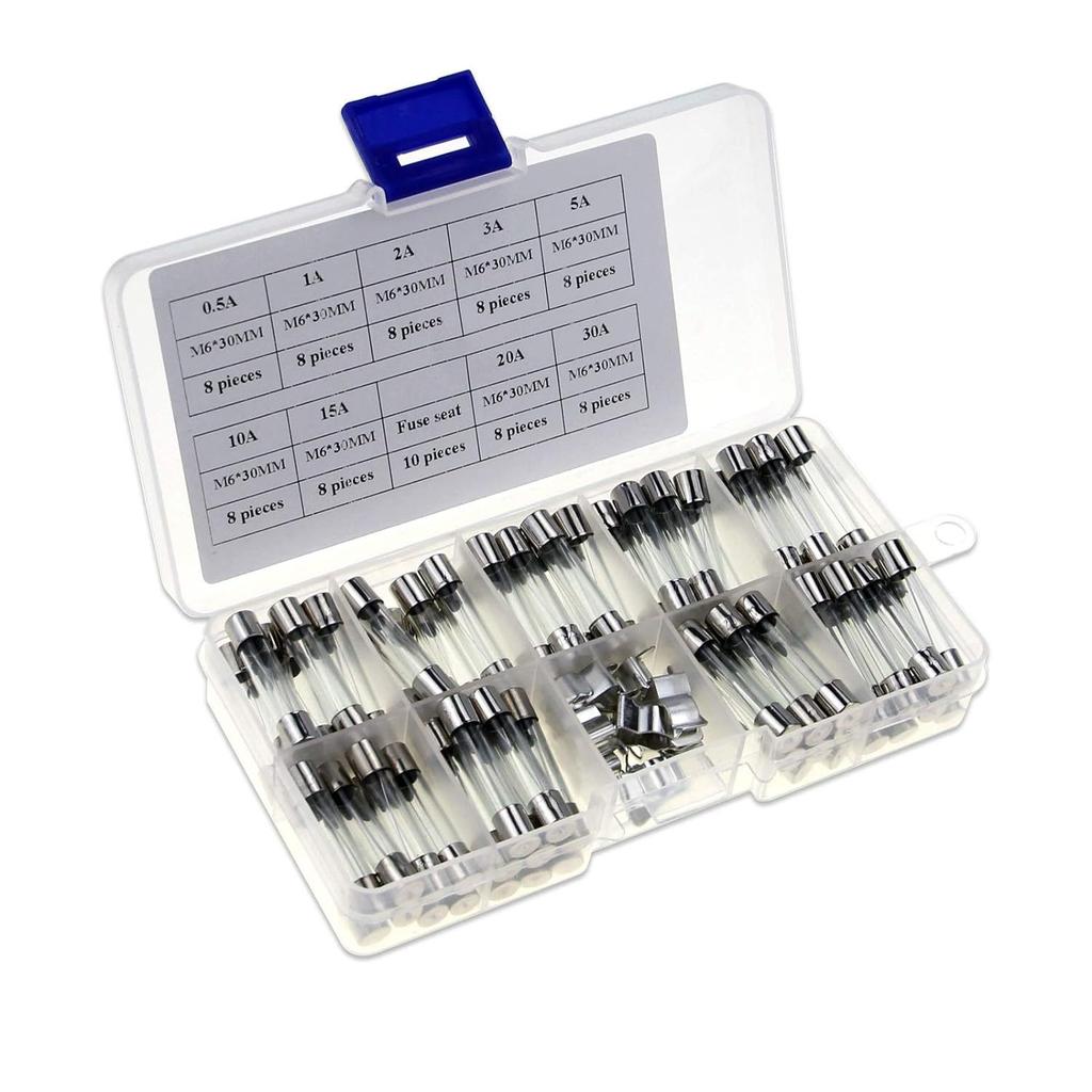 82Pcs Boxed 6×30mm Fast Blow Glass Tube Fuse Assortment 0.5A-30A with Fuse Holders Combo Kit