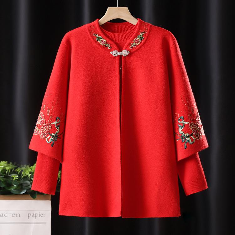 Mamčin nový pletený kardigan, vyšívaný svetr-kabát pro ženy středního a staršího věku, jarní a podzimní kabát, dvoudílný oblek