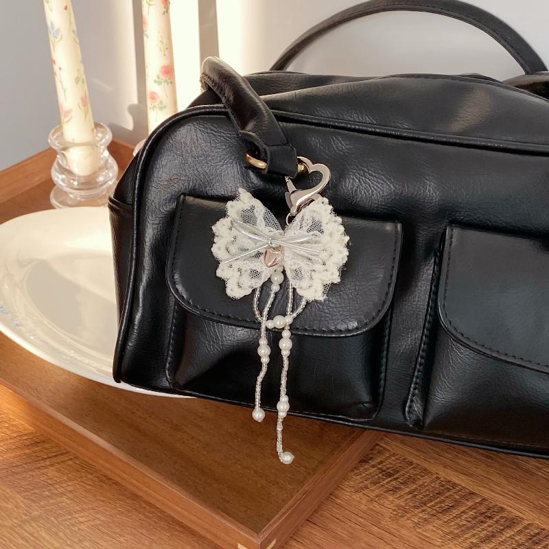 Ins Sweet Style Lace Bowknot Keychain Y2K Aesthetic Imitation Pearls Tassel Bow Keyring Exquisite  Bag Charms Key Pendant