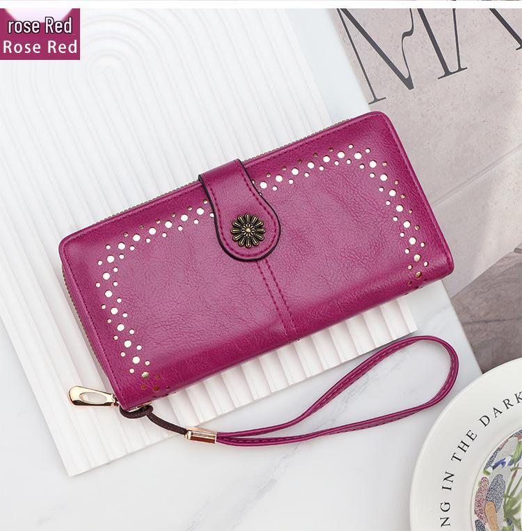 Women's Oil Wax Leather Zipper Wallet with Coin Purse & ID Holder