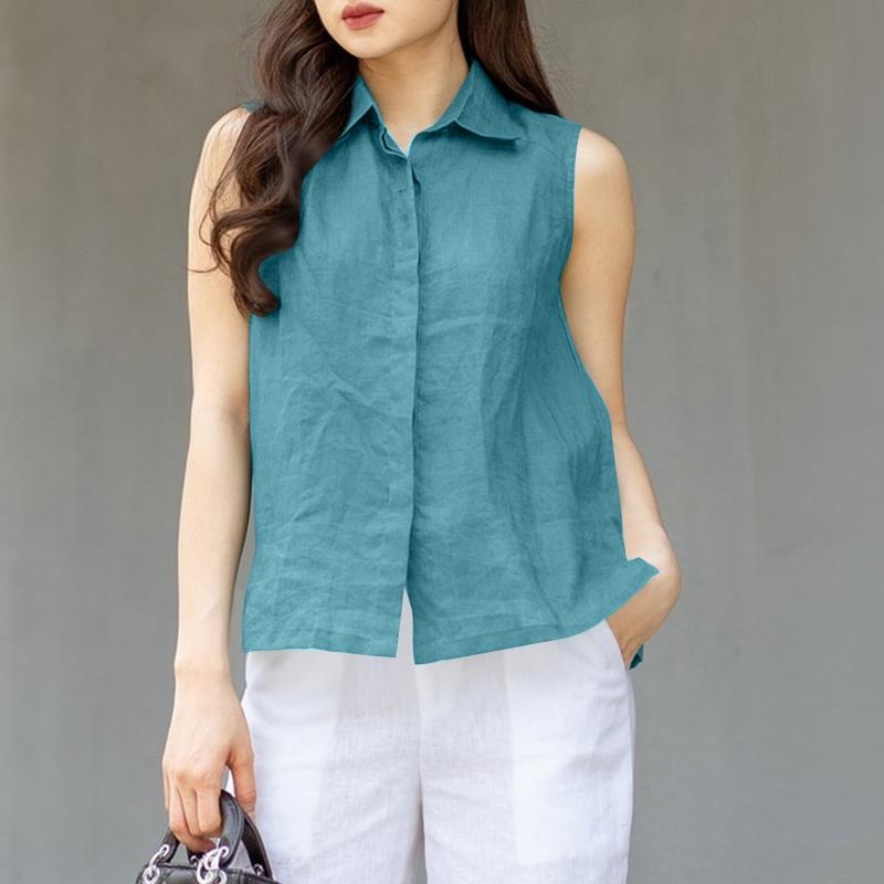 ZANZEA Women Classic Collar Summer Casual Sleeveless Vest Tops
