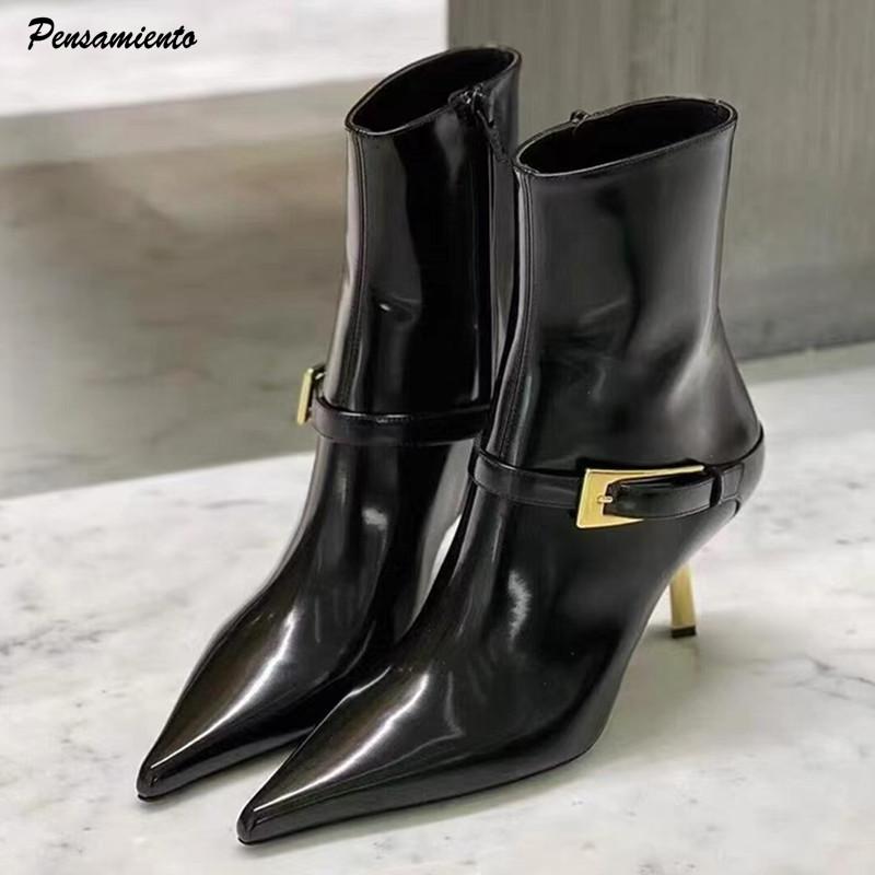 Fashion Star style Fashion Patent Leather Metal Buckle Zip Women Ankle Boots Elegant Thin High heels Autumn Winter Chelsea Boots Shoes