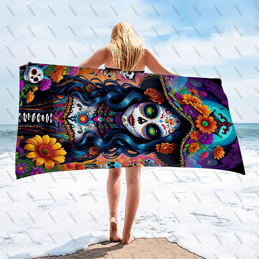 Jmg Household Supplies Mexican Day Of The Dead Beach Towel Swimming Bath Outdoor Quick Drying Gift Pool Gym Travel Soft Sugar Skull Floral Blanket New