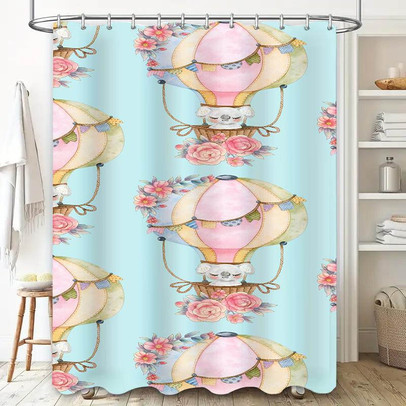 Fashion Girl's Bath Mat Decorative Waterproof Non-Slip Bathroom Rug with Flower Pattern Pink Blue Shower Curtain Set for Home De
