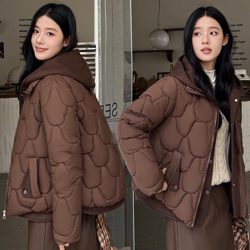 Fake two-piece knitted hooded down cotton clothes women's winter clothes new short wavy bread clothes thick jacket