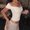 Stylish Versatile Figure-hugging Cropped T-shirt with Pearl Buttons Off-the-shoulder Design and Short Sleeves