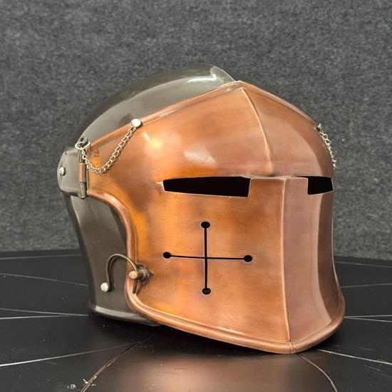 Black Copper Helmet Barbuta Knight Visor Warrior 18g Steel Helmet Dual Tone Barbuta LARP Cosplay,