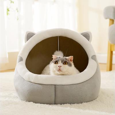 Das halbgeschlossene, warme Winter-Katzennest aus Plüsch ist weich und bequem für tiefen Schlaf, abnehmbar und waschbar, einfaches Grau