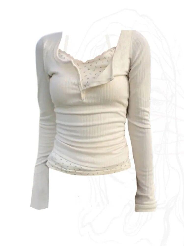 

Mori Girl, модные простые белые футболки, женские укороченные топы с круглым вырезом и длинными рукавами, тонкие повседневные футболки, женские эстетические милые поддельные топы из двух предметов, весна 2024 г. XL белый