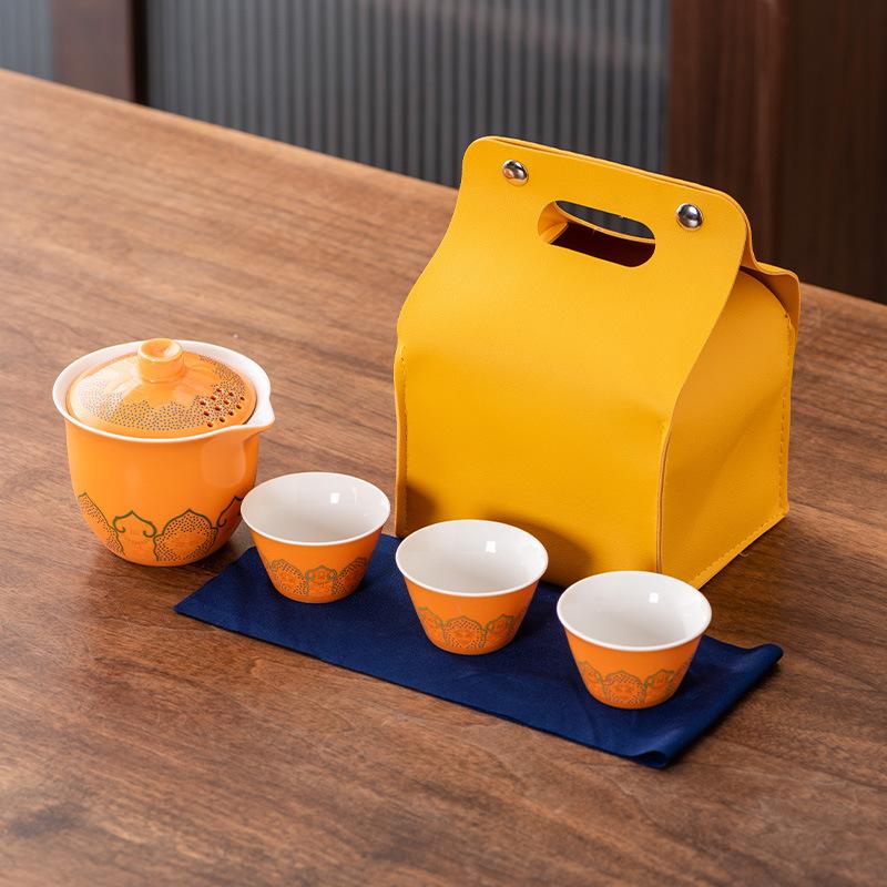 

High-end Guochao travel tea set, household high-end business gifts, light luxury, a pot of three cups, commemorative souvenir gifts