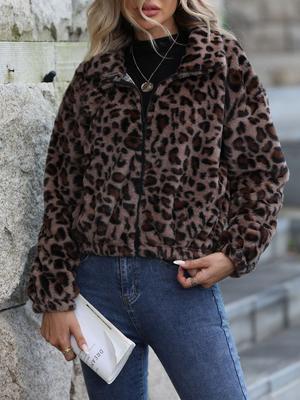 Kabát z umělé kožešiny pro ženy - Podzim Zima Volný Zapínání na zip Leopardí potisk Vycpaná bunda - Nové přírůstky