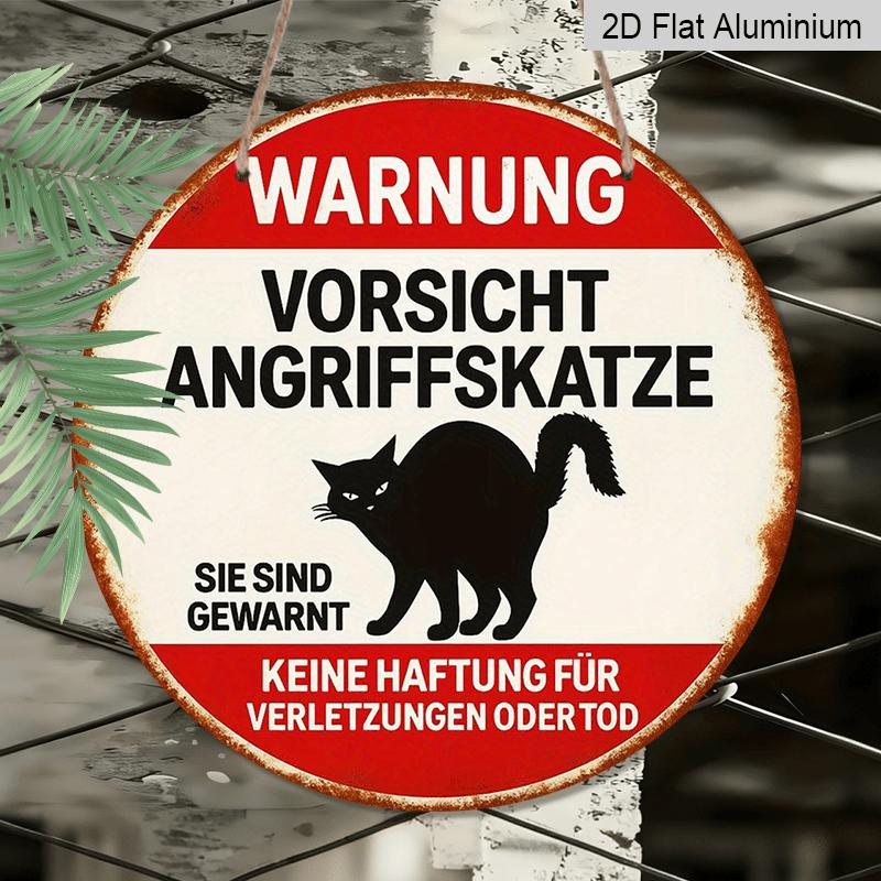2D Flat, 1pc 7.87*7.87 Inch Round French Aluminum Sign, Retro Decorative Plaque about "Beware of Attacking Cat", "Cat Warning" Decorative Sign