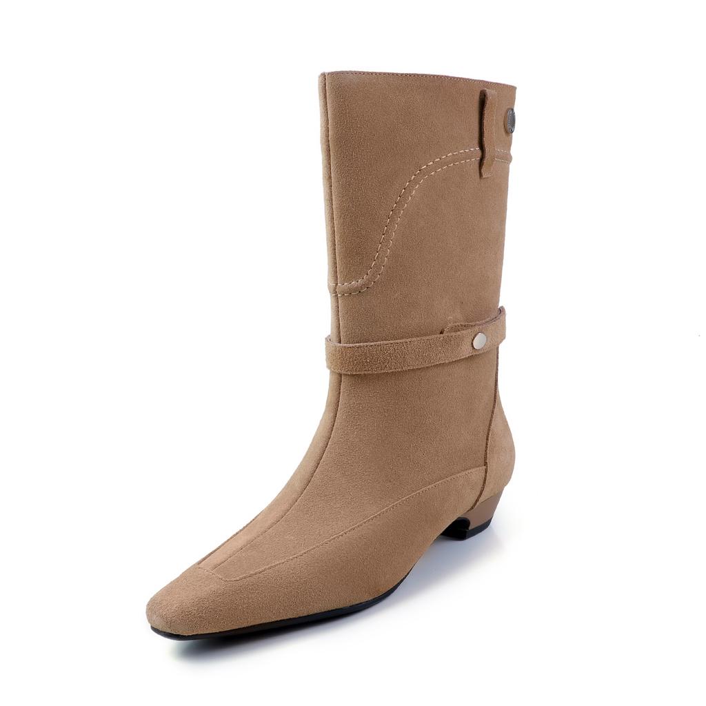 Fashion 2025 Autumn Winter New Trend Natural Cow Suede Retro Women Shoes Mid Calf Boots Brown Mid Heel Chunky Heels Square Toe Boots