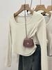 Women's U-Neck White Long Sleeve Fleece Lined T-Shirt, Slim Fit - 2024 Spring/Autumn/Winter Collection
