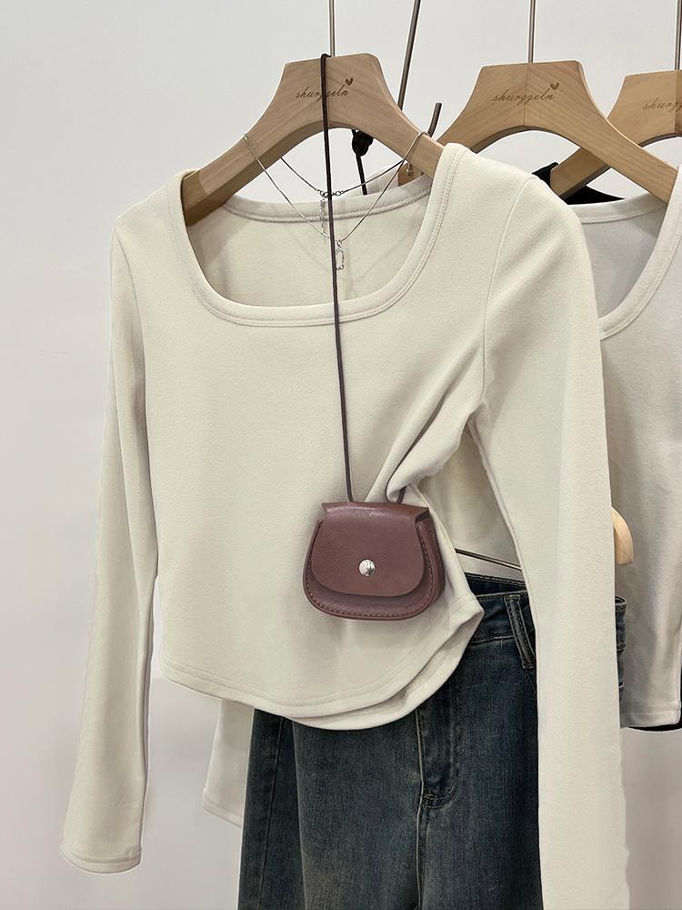 Women's U-Neck White Long Sleeve Fleece Lined T-Shirt, Slim Fit - 2024 Spring/Autumn/Winter Collection