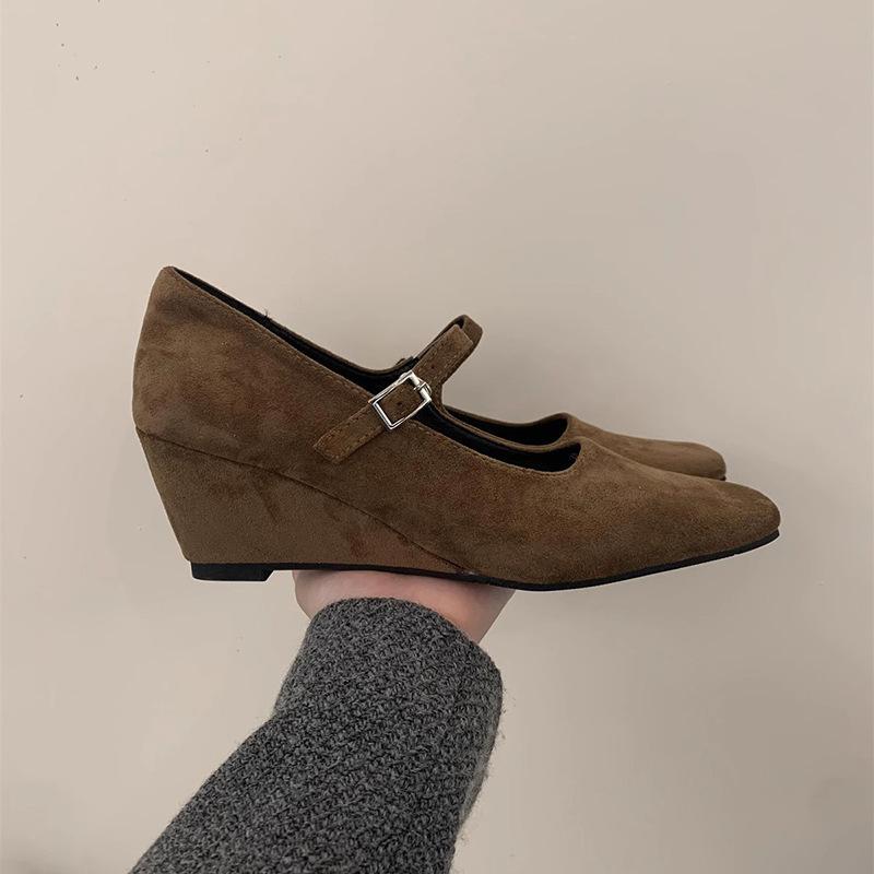 High-end Wedge Heel Light Mouth Single Shoes Women's Spring and Autumn New Korean Version French Temperament Evening Fairy Style Suede High Heels