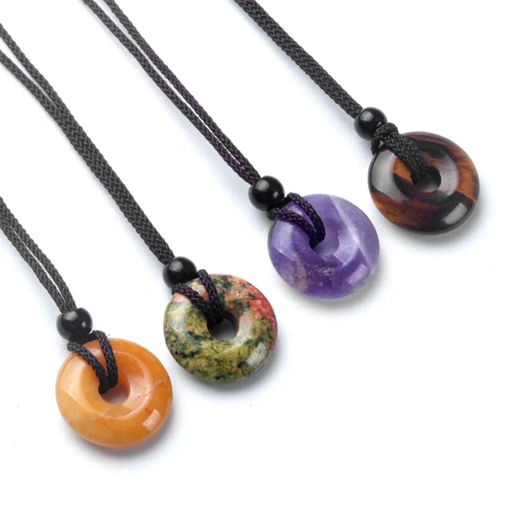 Peace Buckle Necklace Natural Stone Crystal Agates Doughnut Pendant For Girls Women Birthday Gift Chain 32CM