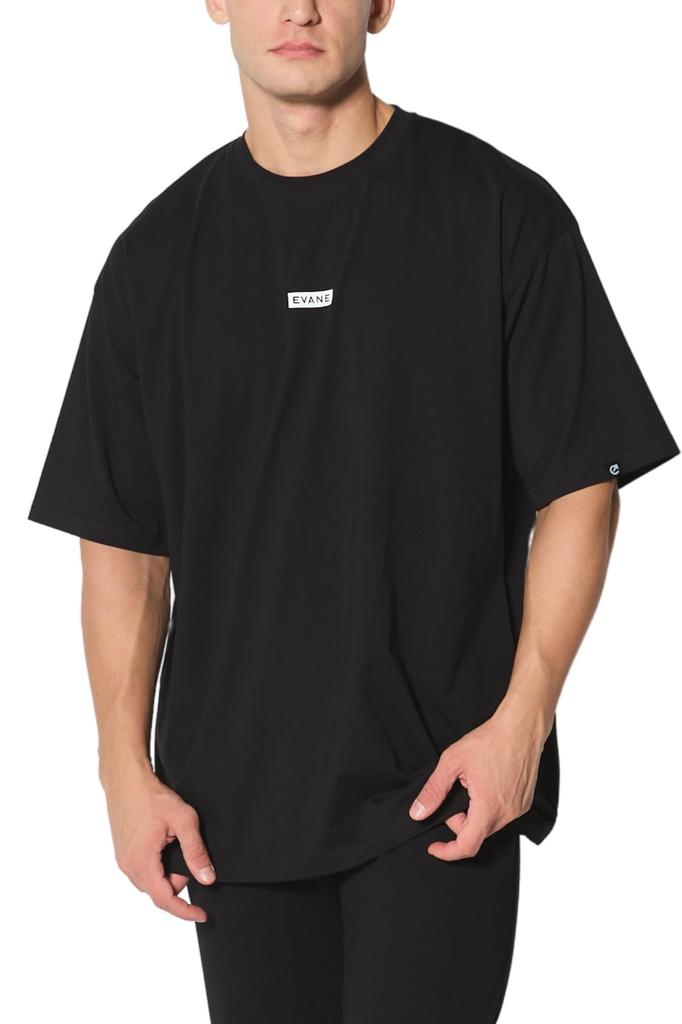 EVANE Oversized Cotton Stretch Box Logo T-Shirt (M, Black)