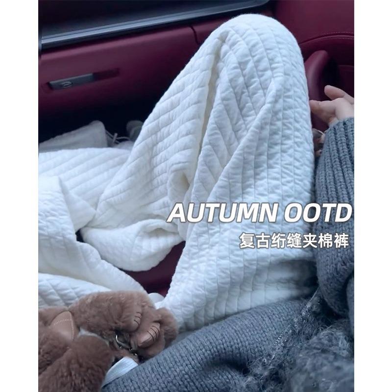 White Padded Wide-leg Pants Women's Autumn and Winter New Loose Straight Fleece Sweatpants Wear Lazy Wind Sports Wide-leg Pants