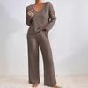 Women's Set of Loose Casual Long-sleeved V-neck Pit Striped Brushed Top and Trousers 2-piece Set