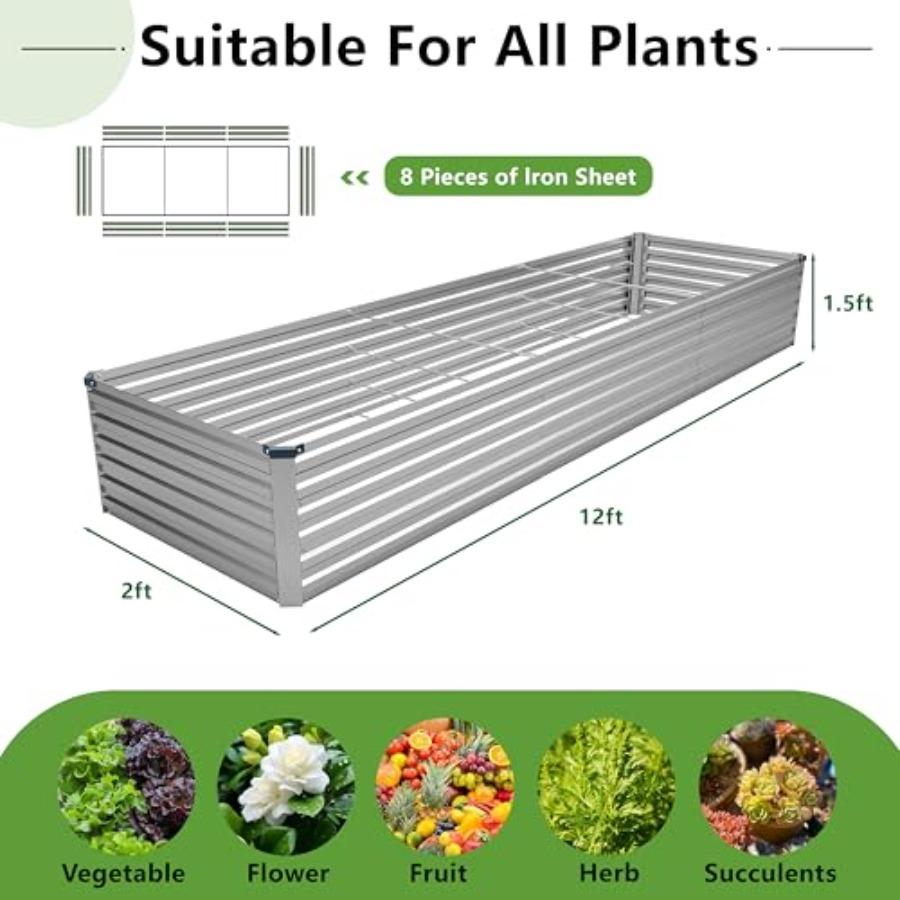 12x2x1.5FT Galvanized Raised Garden Bed Vegetable Boxes Rectangle Metal Flower Box Large Planter Raised Beds Outdoor Garden for