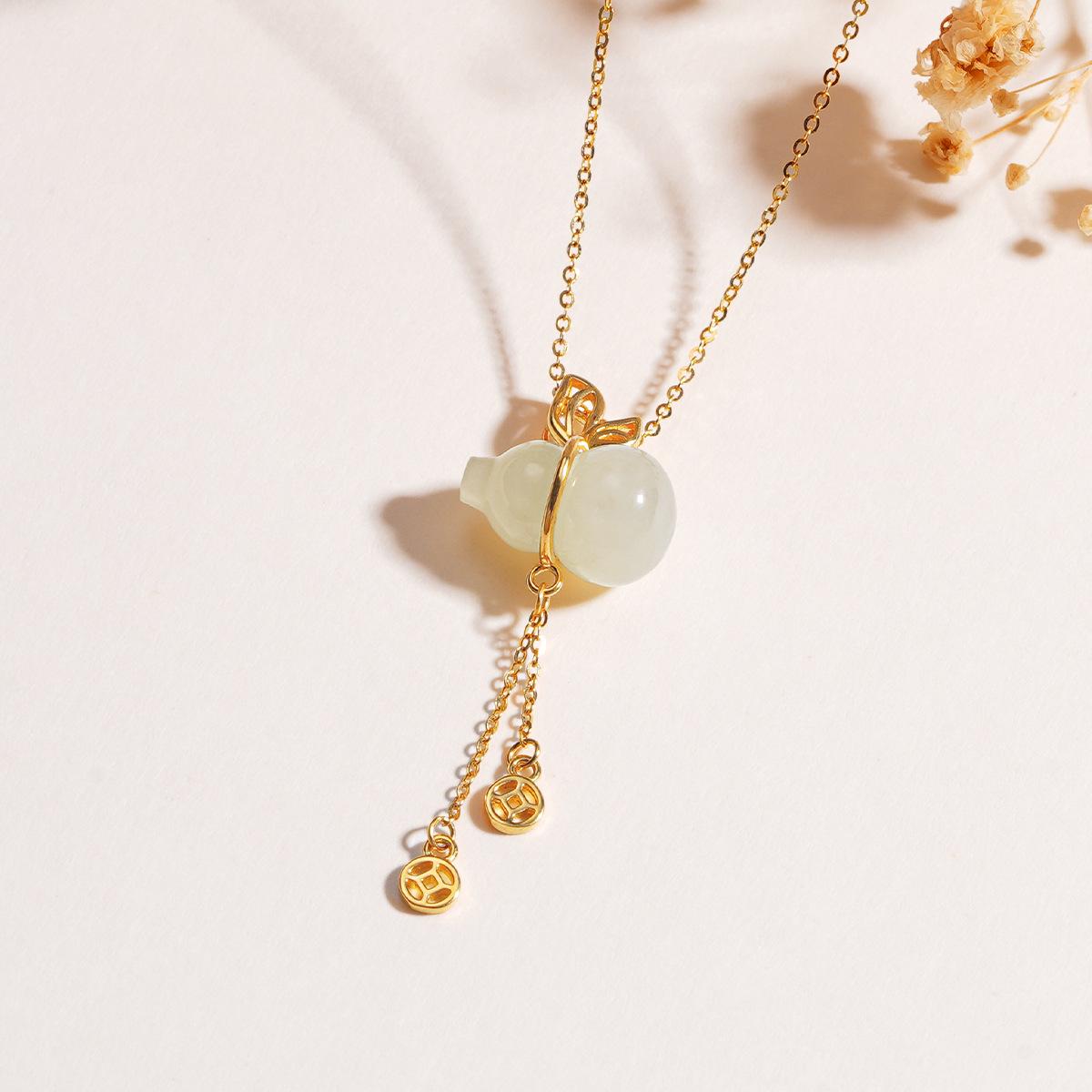 Tichiya Hetian Jade Gourd Necklace for Women - S925 Sterling Silver, Chinese Style, Light Luxury Jade Tassel Design 925 Silver