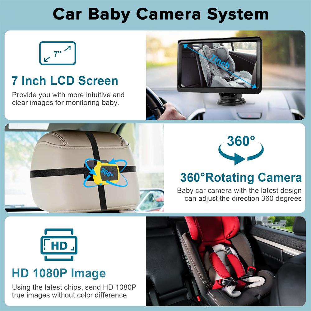 Car Baby Mirror Adjustable 170° Wide Angle 7in Car Rear Seat Baby Child Safety Mirror Monitor Rotatable Interior Rearview Mirror