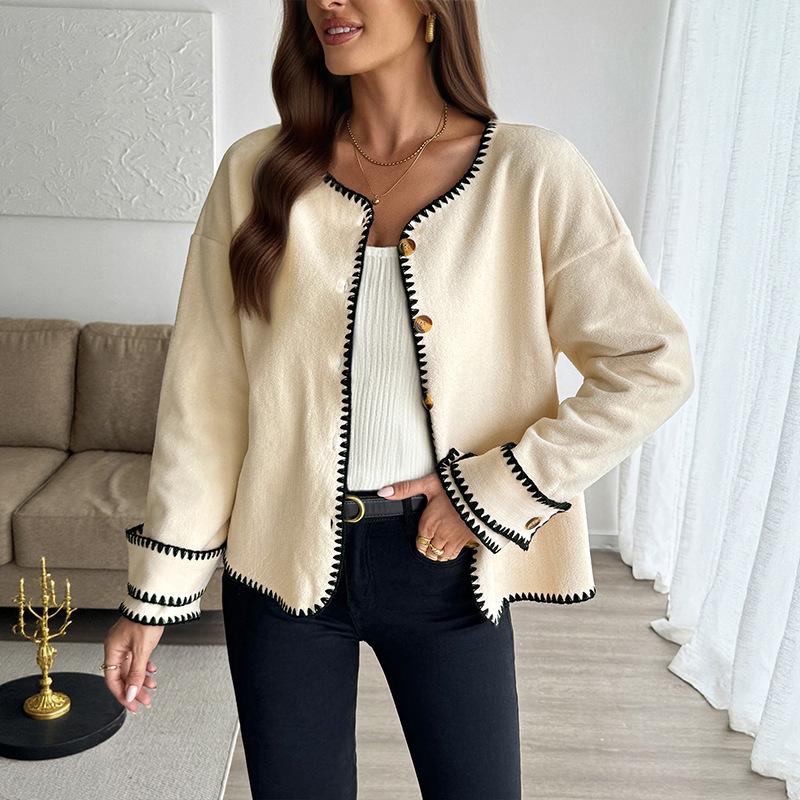 Women s Contrast Trim Button Cardigan Creamy Long Sleeve Open Front Knit Sweater Outerwear with Decorative Buttons S