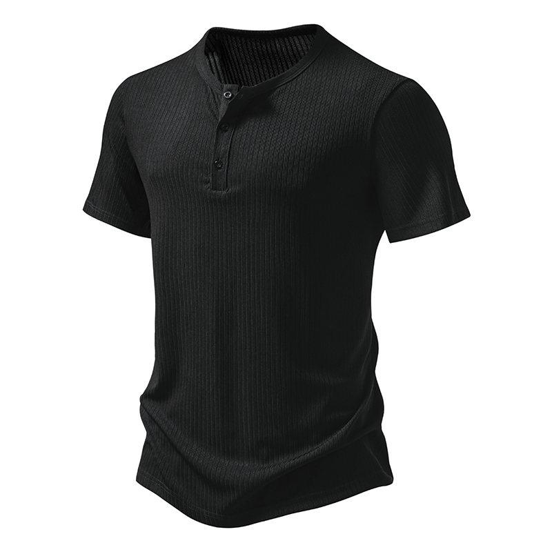 Nové letní pánské tričko Henry Collar s krátkým rukávem Jednobarevný pruh Ležérní Knoflíček Topy Trička Muž