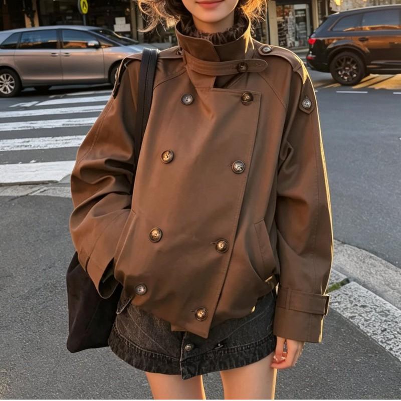 Womens Casual Double-Breasted Stand Collar Trench Coat 2026 Fashion Outerwear