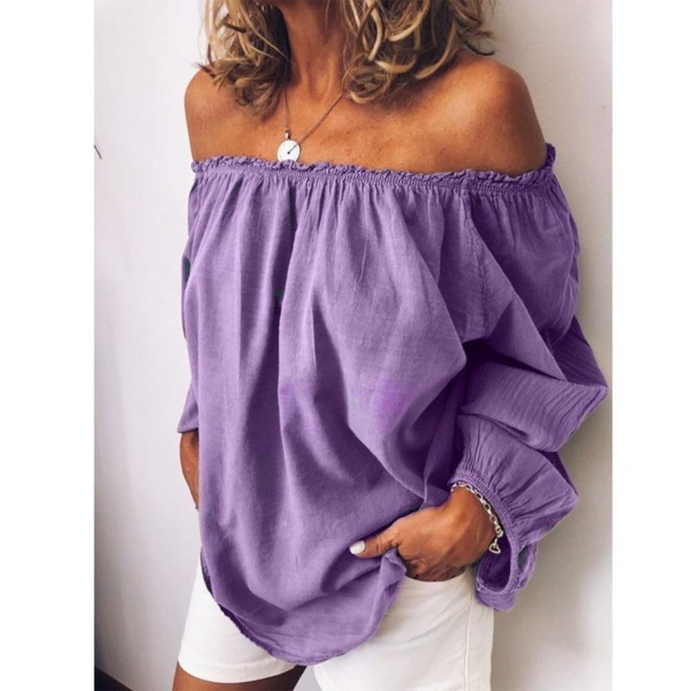 Women's Off Shoulder Long Sleeve Blouse Loose Fit Ruffle Elastic Neck Solid Color Linen Top For Spring Autumn