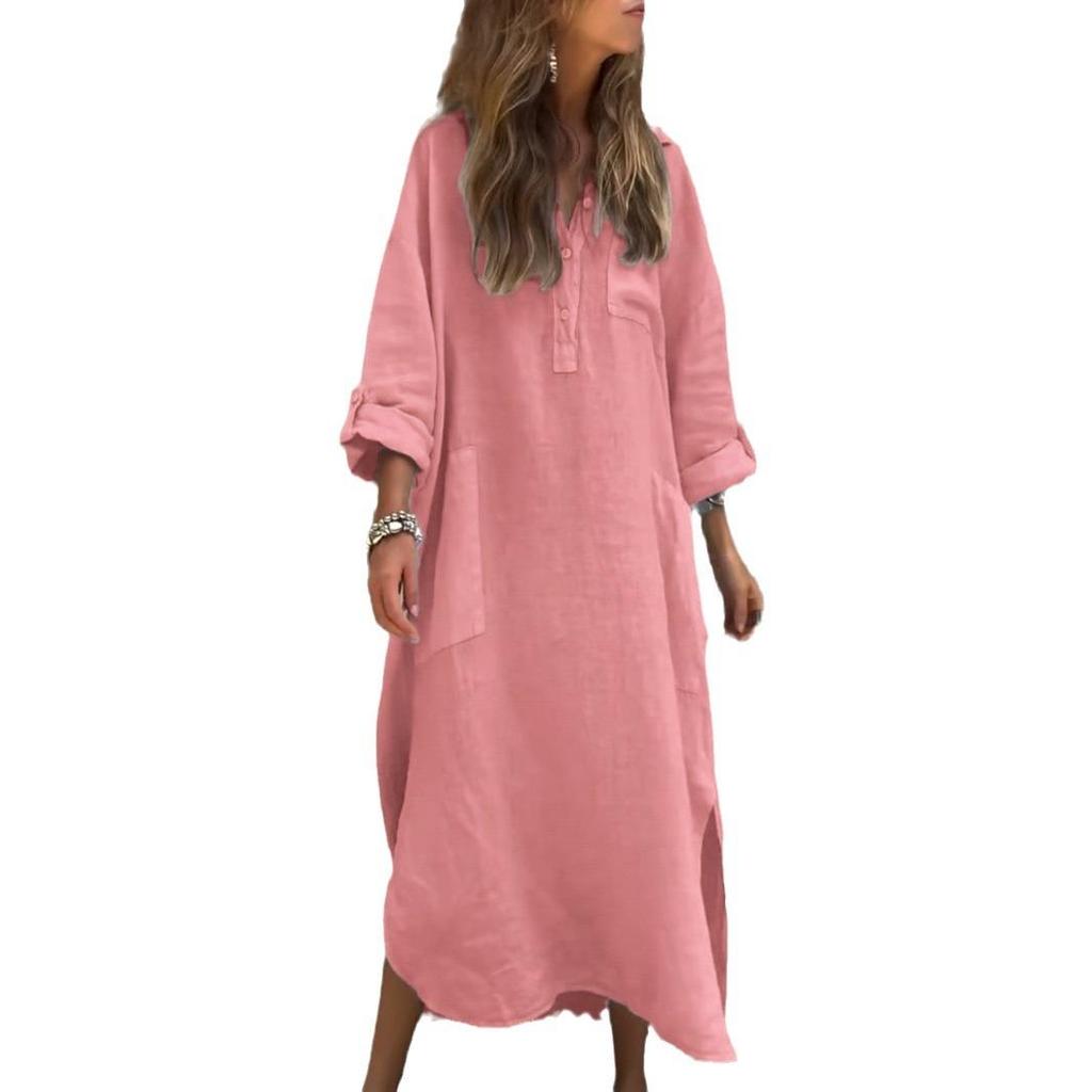 Women's Solid Color Long Sleeve V-Neck Slit Loose Long Elegant Dress