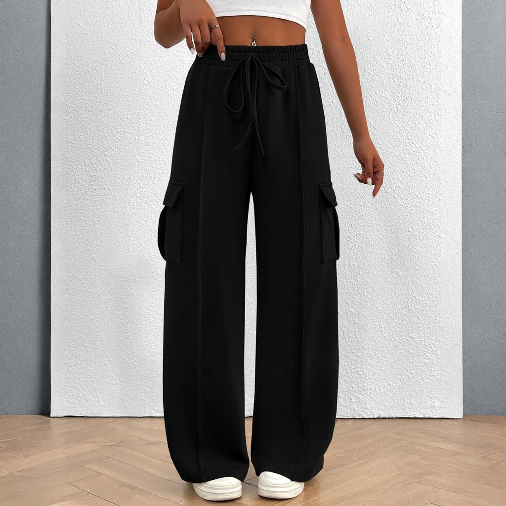 Women's Overalls Casual Lightweight Solid Color Trousers Drawstring Multi-Pockets Straight Leg Pants