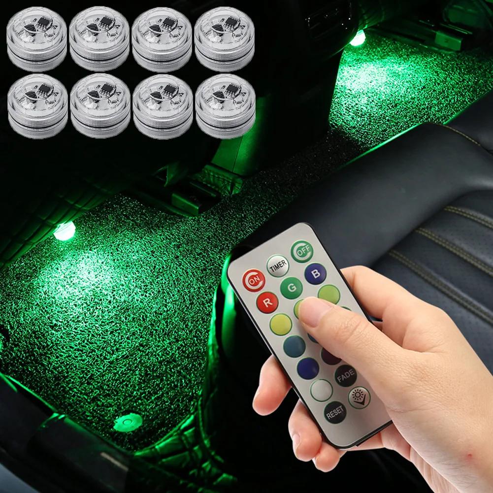 Kablosuz Yapışkanlı LED Araç İç Ortam Işığı Uzaktan Kumanda Dekorasyon Otomatik Çatı Ayak Atmosfer Lambası Pil ile Renkli