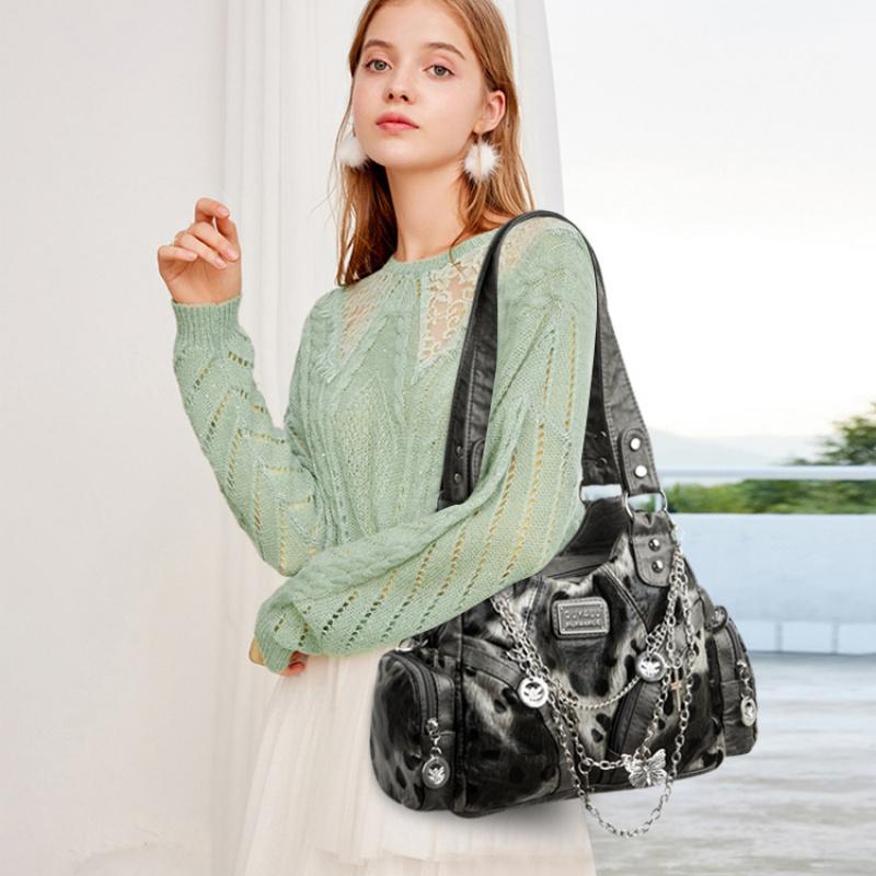 Women Y2K Leopard Print Faux Leather Shoulder Bag, Gothic Chain Butterfly Crossbody Handbag, Large Capacity Multi Pocket Punk Style Daily Travel Tote