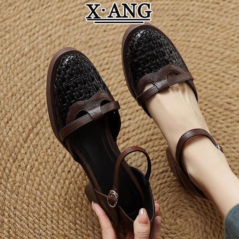 Leather Bag Head Sandals Women's with Skirt High Heels Women's Shoes Thick Heel One-button Sandals Woven Hollow Pig Cage Shoes