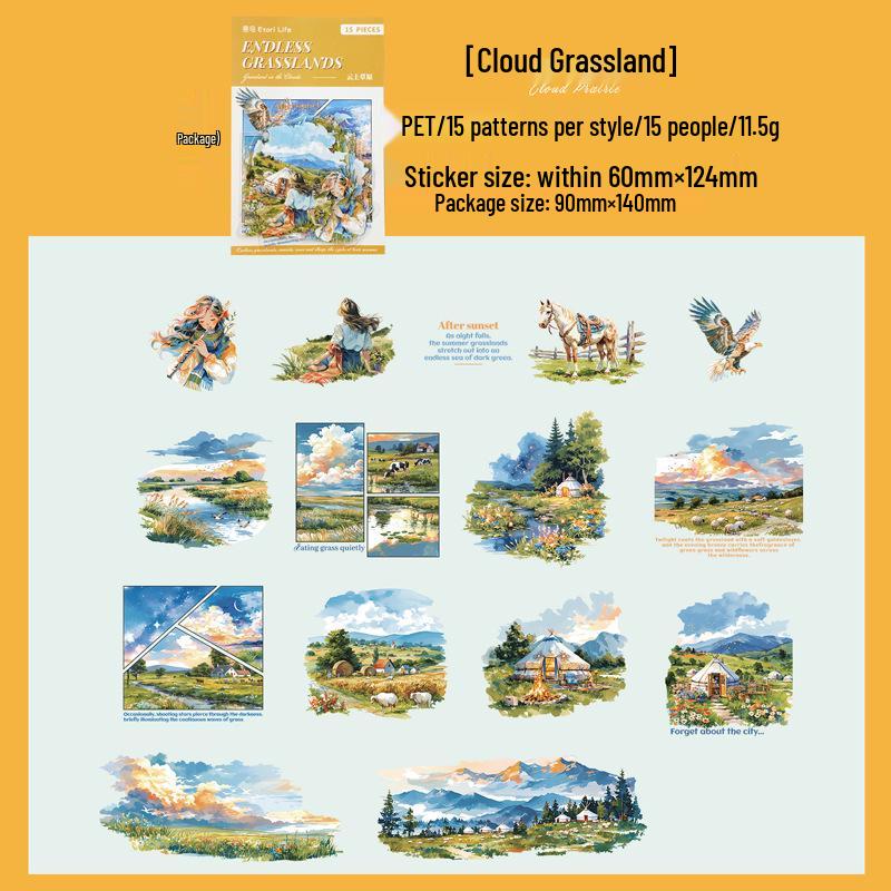 Yi Niao Pet Sticker Pack: Endless Prairie Series - 6 Styles, 15 Sheets, Seasonal Scenery Landscaping Stickers
