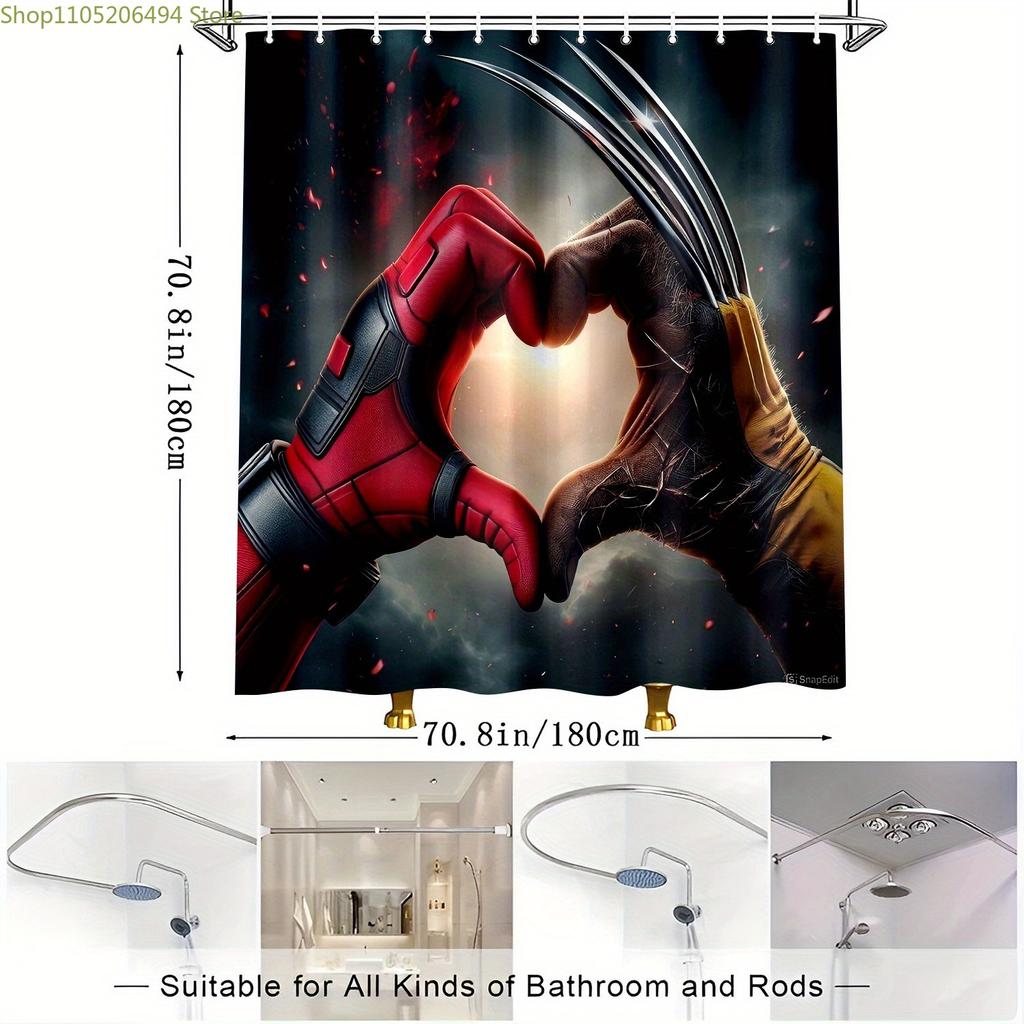 1pc Marvel Deadpool & Wolverine Heart Hands Design Shower Curtain with Hooks - Polyester Fabric, Vibrant Superhero Print, Bath