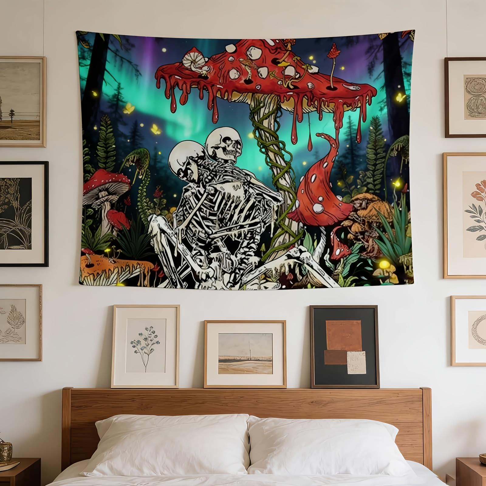 Psychedelic Skeleton Mushroom Tapestry, Dark Fantasy Style Background Cloth, Room Decoration, Home Decoration 100X70CM