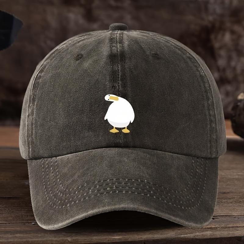 Cute duck print baseball cap with adjustable snap button, breathable fabric, outdoor casual headpiece