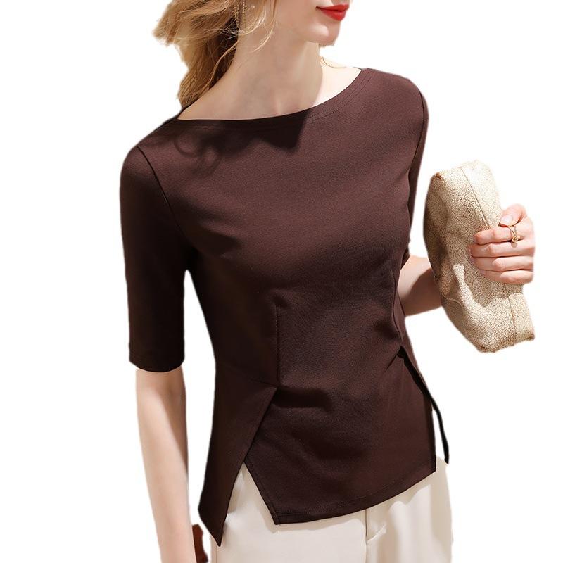 

Футболка со средним рукавом, женская новая женская одежда, темперамент, однотонная хлопковая футболка с открытыми плечами и разрезом на талии 3XL