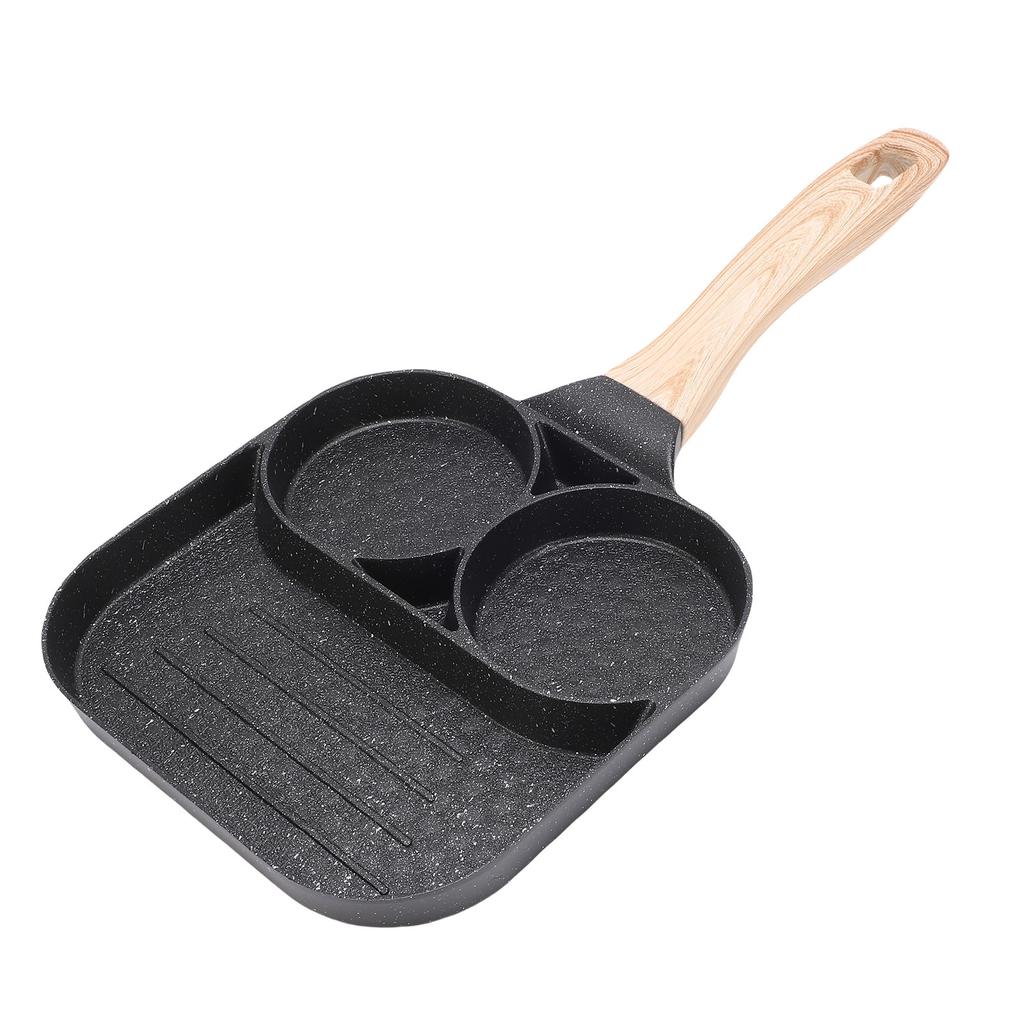 Egg Pan Nonstick Aluminum Alloy Divided Egg Skillet Breakfast Frying Pan with Wood Handle for Gas Stove Induction