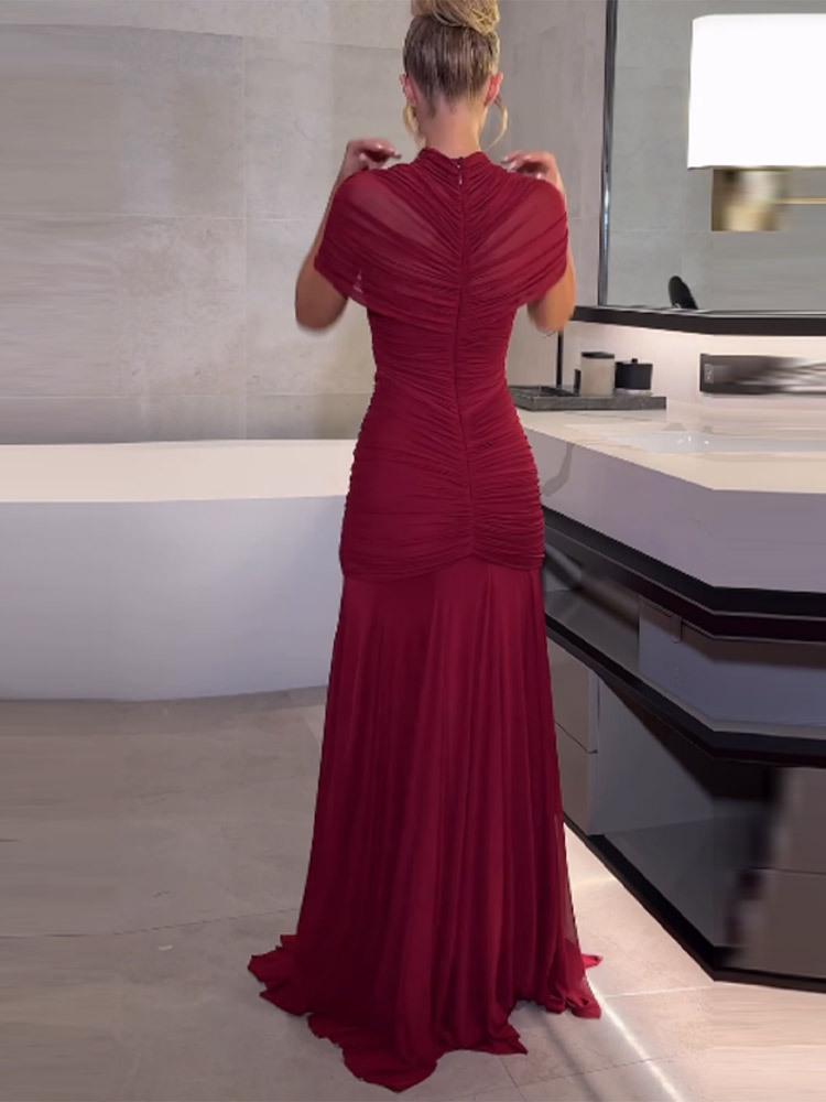 2026 Summer Women's Formal Pleated Cut-Out Maxi Dress with Mesh Details