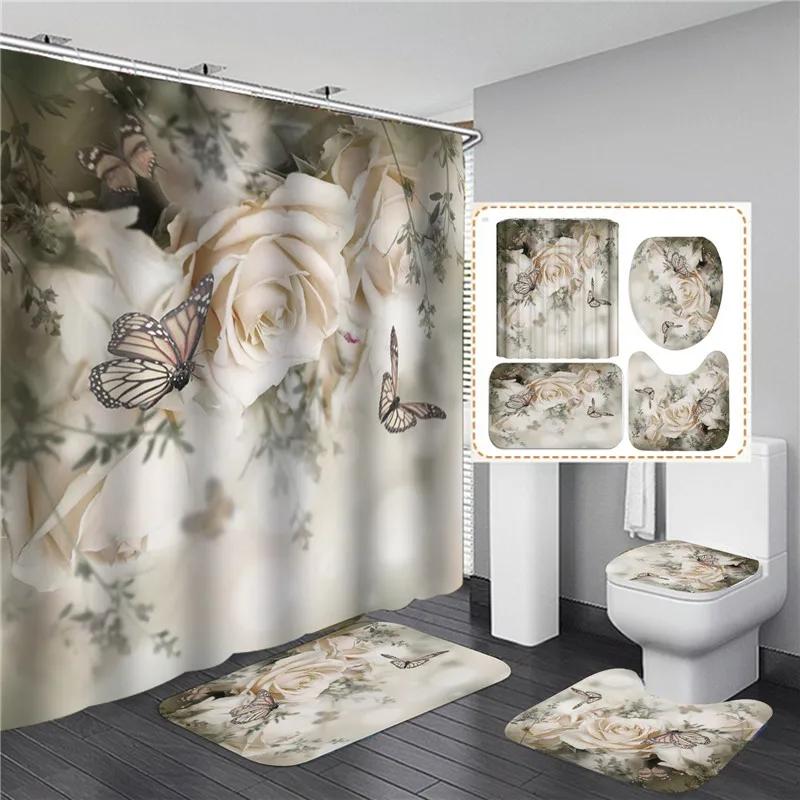 Elegant Blue Flower Shower Curtain Set Waterproof Bathtub Curtains Non-Slip Rugs Bath Mat Toilet Lid Cover Bathroom Set Decor