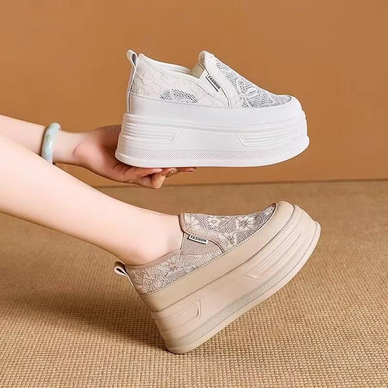 Flores de Renda Tênis Plataforma Feminino Sapatos de Salto Alto Aumento de Altura Malha Respirável Sapatos Casuais Lona