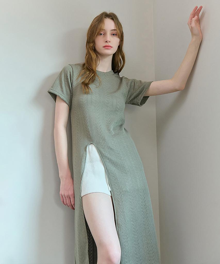 Kamino Slit Summer Lace Long Knit Dress Khaki