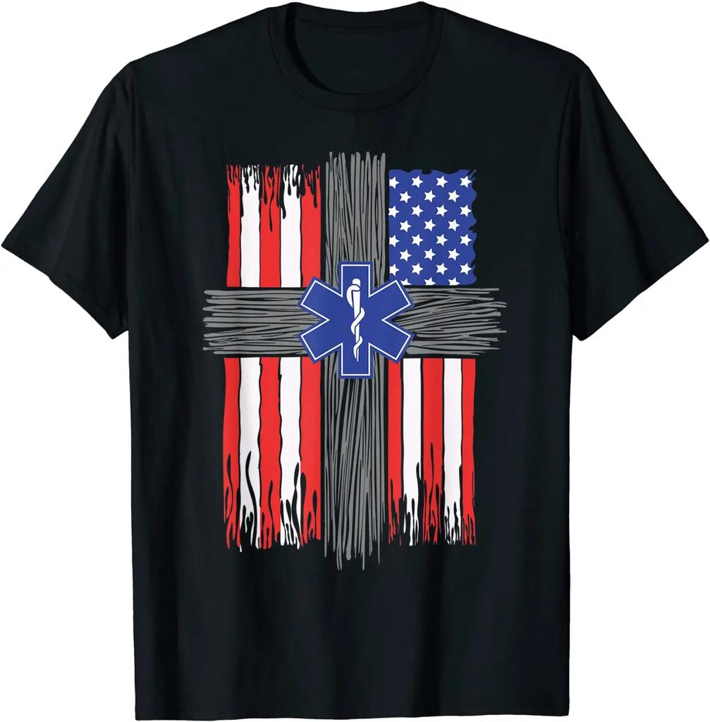 Star of Life USA Flag Trauma Doctor Medical Paramedics Gift T Shirt. High Quality Cotton, Breathable Top, Loose Casual T-shirt