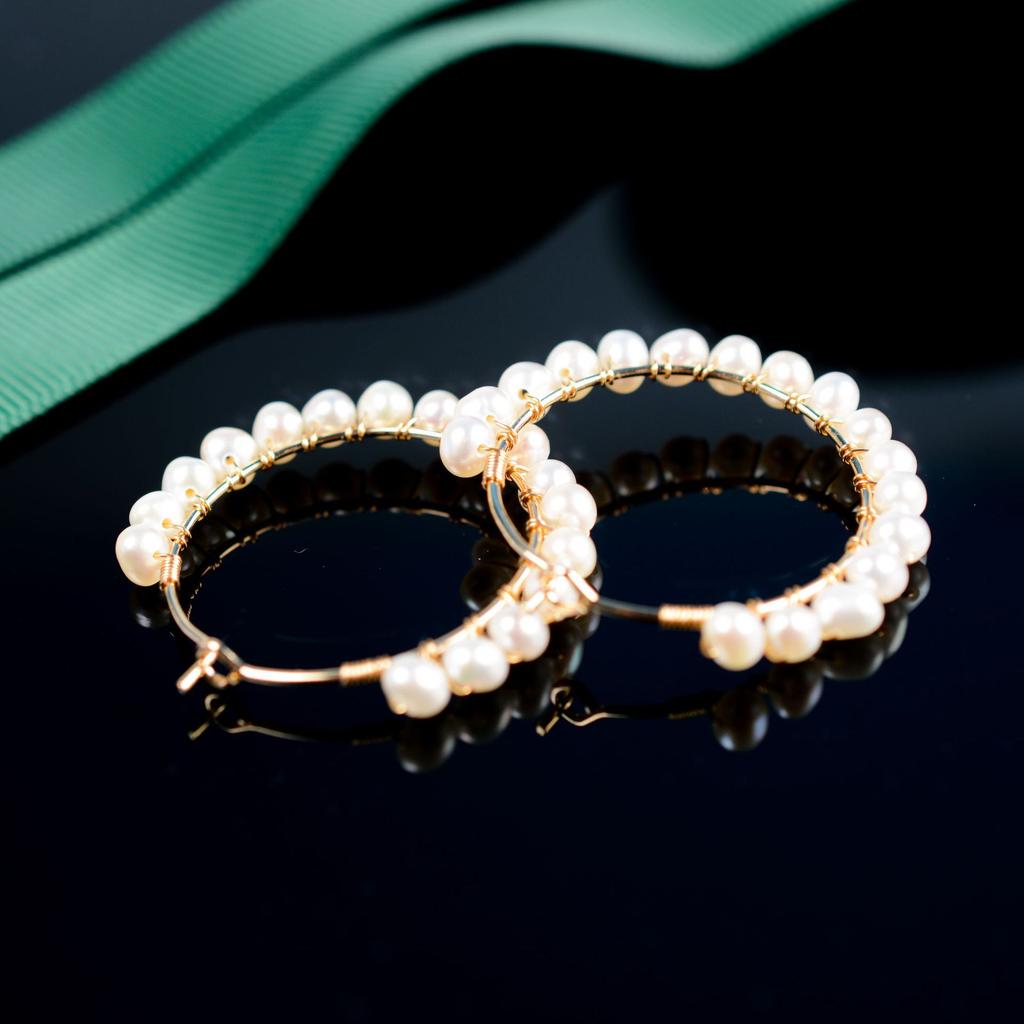 Hand-wound large circle earrings, natural freshwater pearl ear buckle 11k gold injection round fashion commuter light luxury style