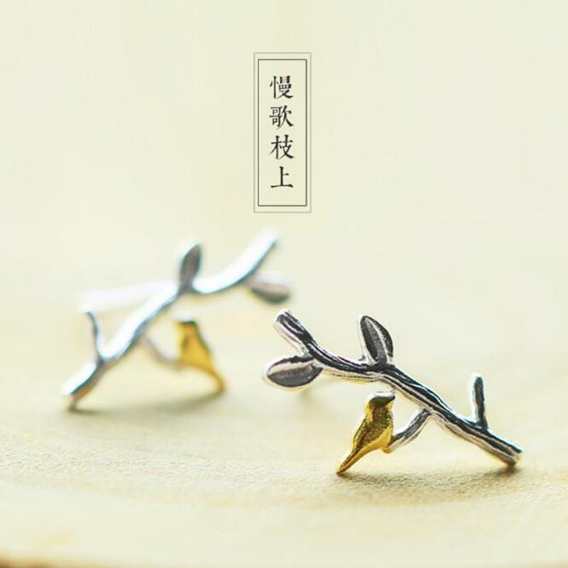 New Fashion Personality 925 Sterling Silver Jewelry Earrings Branches Bird Fresh Art Style Simple Gift Earrings E018